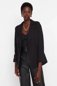 TRENDYOLMİLLA Black Weaving Lined Single Button Closure Blazer Jacket - Image 2