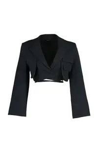 TRENDYOLMİLLA Black Crop Lined Double breasted Kapama Weaving Blazer Jacket - Image 3