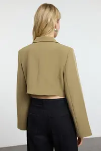 TRENDYOLMİLLA Light Khaki Crop Lined Double breasted Weaving Blazer Jacket - Image 5