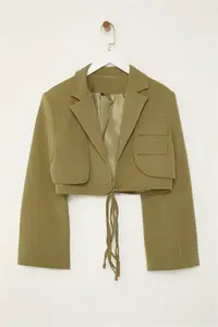TRENDYOLMİLLA Light Khaki Crop Lined Double breasted Weaving Blazer Jacket - Image 6