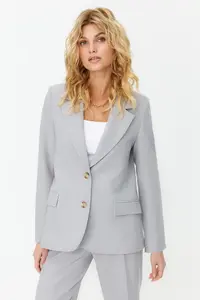 TRENDYOLMİLLA Gray Regular Lined Weaving Blazer Jacket - Image 3