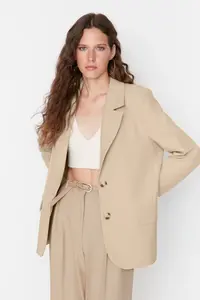 TRENDYOLMİLLA Mink Regular Lined Weaving Blazer Jacket - Image 5
