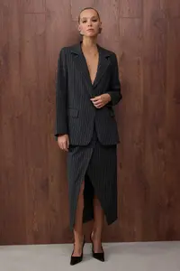 TRENDYOLMİLLA Special Collection Anthracite Regular Lined Weaving Striped Blazer Jacket - Image 2