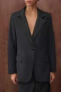 TRENDYOLMİLLA Special Collection Anthracite Regular Lined Weaving Striped Blazer Jacket - Image 4
