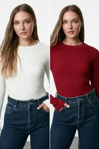 TRENDYOLMİLLA Burgundy-Stone 2 Sets Paket slim snaps Dog collar Ribbed Flexible Knitting Bodysuit .D.00030