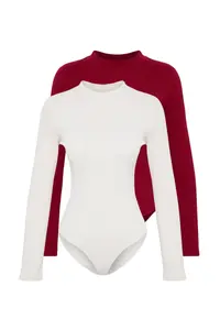 TRENDYOLMİLLA Burgundy-Stone 2 Sets Paket slim snaps Dog collar Ribbed Flexible Knitting Bodysuit .D.00030 - Image 6