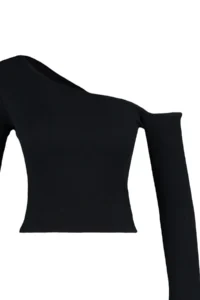 TRENDYOLMİLLA Black Fitted Asymmetric Collar off shoulder Ribbed Flexible Knitting Blouse - Image 7
