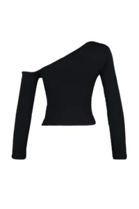 TRENDYOLMİLLA Black Fitted Asymmetric Collar off shoulder Ribbed Flexible Knitting Blouse - Image 8