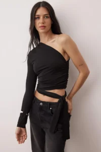 TRENDYOLMİLLA Black Fitted Binding Detailed Single Arm Crop Flexible Knitting Blouse