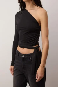 TRENDYOLMİLLA Black Fitted Binding Detailed Single Arm Crop Flexible Knitting Blouse - Image 3