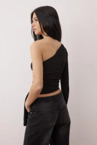 TRENDYOLMİLLA Black Fitted Binding Detailed Single Arm Crop Flexible Knitting Blouse - Image 4