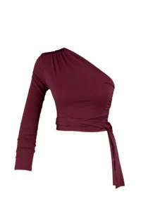 TRENDYOLMİLLA Burgundy Fitted Binding Detailed Single Arm Crop Flexible Knitting Blouse - Image 7