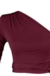 TRENDYOLMİLLA Burgundy Fitted Binding Detailed Single Arm Crop Flexible Knitting Blouse - Image 8