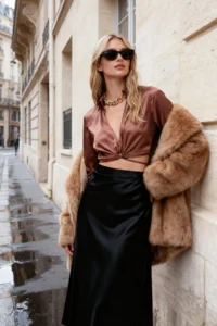 TRENDYOLMİLLA Brown Crop Binding Detailed Satin Weaving Blouse - Image 2