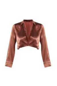 TRENDYOLMİLLA Brown Crop Binding Detailed Satin Weaving Blouse - Image 8