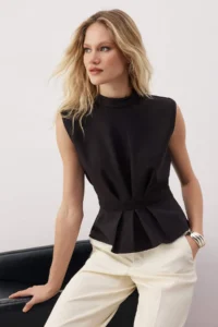 TRENDYOLMİLLA Black Crew Neck Sleeveless Weaving Blouse - Image 2
