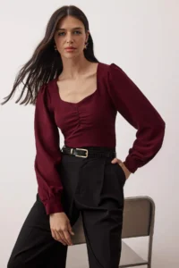 TRENDYOLMİLLA Burgundy Ruffle Detailed Weaving Blouse