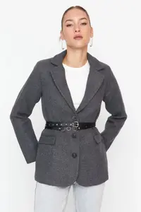 TRENDYOLMİLLA Gray Arched Regular Lined Wool Content Weaving Blazer Jacket