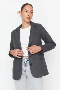 TRENDYOLMİLLA Gray Arched Regular Lined Wool Content Weaving Blazer Jacket - Image 2