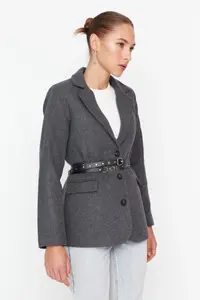 TRENDYOLMİLLA Gray Arched Regular Lined Wool Content Weaving Blazer Jacket - Image 3