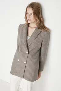 TRENDYOLMİLLA Brown Regular Lined Double breasted Kapama Striped Weaving Blazer Jacket
