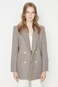 TRENDYOLMİLLA Brown Regular Lined Double breasted Kapama Striped Weaving Blazer Jacket - Image 3
