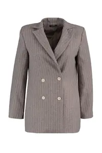 TRENDYOLMİLLA Brown Regular Lined Double breasted Kapama Striped Weaving Blazer Jacket - Image 6