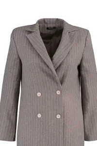 TRENDYOLMİLLA Brown Regular Lined Double breasted Kapama Striped Weaving Blazer Jacket - Image 7