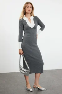 TRENDYOLMİLLA Anthracite Midi Knitwear Color Bloklu Dress