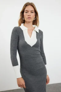 TRENDYOLMİLLA Anthracite Midi Knitwear Color Bloklu Dress - Image 2