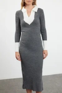 TRENDYOLMİLLA Anthracite Midi Knitwear Color Bloklu Dress - Image 3