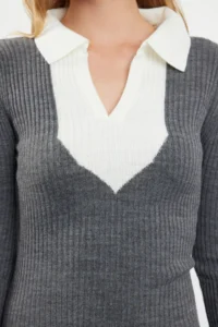TRENDYOLMİLLA Anthracite Midi Knitwear Color Bloklu Dress - Image 4