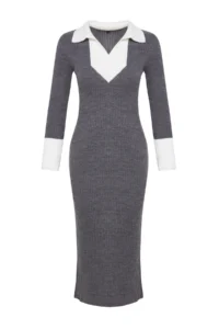 TRENDYOLMİLLA Anthracite Midi Knitwear Color Bloklu Dress - Image 6