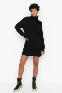 TRENDYOLMİLLA Black Mini Knitwear Wide Pattern Dress - Image 2