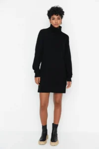 TRENDYOLMİLLA Black Mini Knitwear Wide Pattern Dress - Image 4