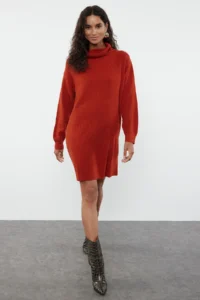 TRENDYOLMİLLA Brick Rejection Mini Knitwear Wide Pattern Dress
