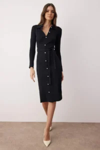 TRENDYOLMİLLA Black Fitted Long Sleeve Polo Shirt Collar Ribbed buttoned Flexible Midi Knitting Dress