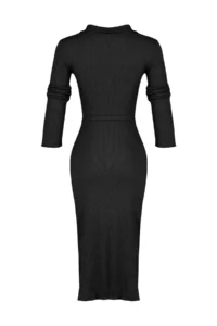TRENDYOLMİLLA Black Fitted Long Sleeve Polo Shirt Collar Ribbed buttoned Flexible Midi Knitting Dress - Image 10