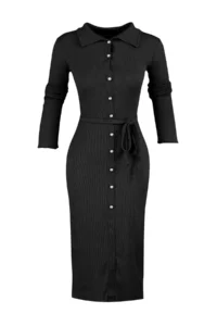 TRENDYOLMİLLA Black Fitted Long Sleeve Polo Shirt Collar Ribbed buttoned Flexible Midi Knitting Dress - Image 11
