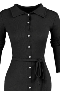 TRENDYOLMİLLA Black Fitted Long Sleeve Polo Shirt Collar Ribbed buttoned Flexible Midi Knitting Dress - Image 12