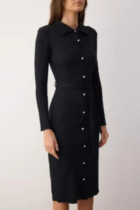 TRENDYOLMİLLA Black Fitted Long Sleeve Polo Shirt Collar Ribbed buttoned Flexible Midi Knitting Dress - Image 3