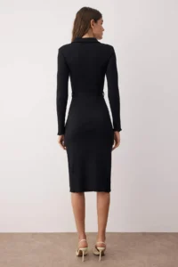 TRENDYOLMİLLA Black Fitted Long Sleeve Polo Shirt Collar Ribbed buttoned Flexible Midi Knitting Dress - Image 4