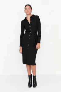 TRENDYOLMİLLA Black Fitted Long Sleeve Polo Shirt Collar Ribbed buttoned Flexible Midi Knitting Dress - Image 5