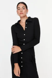 TRENDYOLMİLLA Black Fitted Long Sleeve Polo Shirt Collar Ribbed buttoned Flexible Midi Knitting Dress - Image 7