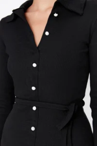 TRENDYOLMİLLA Black Fitted Long Sleeve Polo Shirt Collar Ribbed buttoned Flexible Midi Knitting Dress - Image 8