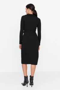 TRENDYOLMİLLA Black Fitted Long Sleeve Polo Shirt Collar Ribbed buttoned Flexible Midi Knitting Dress - Image 9