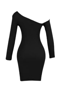 TRENDYOLMİLLA Black Fitted Asymmetric Collar off shoulder Mini Ribbed Flexible Knitting Pen Dress - Image 6
