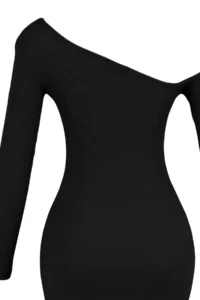 TRENDYOLMİLLA Black Fitted Asymmetric Collar off shoulder Mini Ribbed Flexible Knitting Pen Dress - Image 7