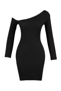 TRENDYOLMİLLA Black Fitted Asymmetric Collar off shoulder Mini Ribbed Flexible Knitting Pen Dress - Image 8