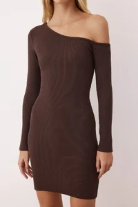 TRENDYOLMİLLA Brown Fitted Asymmetric Collar Mini Ribbed Flexible Knitting Pen Dress - Image 3